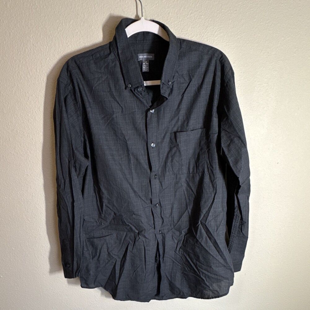 Van Heusen Men’s Gray Check Button-Down Dress Shirt 16-16.5 34/35